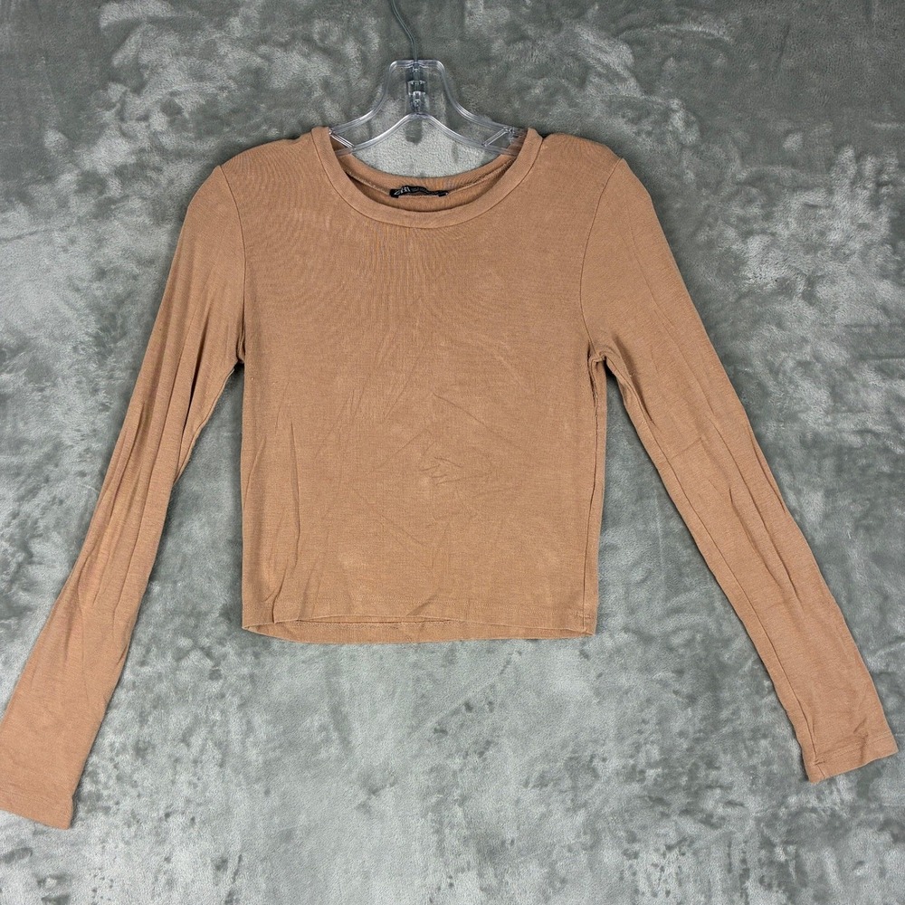 ZARA Womens Ribbed Knit Long Sleeve Top Tan Brown Crew Neck Slim Fit Small